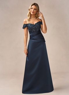 Sheath/Column Off the Shoulder Detachable Floor-Length Satin Lace Evening Dress With Overskirt Sequins Pleated 
