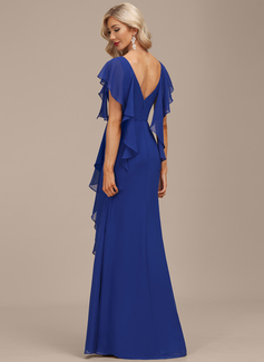 Linjeform V-hals Gulvlengde Chiffong Festkjole med Profilering Brusende Volanger 