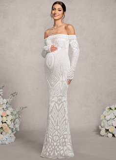 Sheath/Column Off the Shoulder Floor-Length Sequin Lace Maternity Dresses 