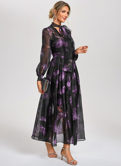 A-line V-Neck Ankle-Length Chiffon Jersey Cocktail Dress With Floral Print 