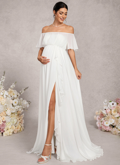 A-line Off the Shoulder Sweep Train Chiffon Maternity Dresses With Cascading Ruffles 