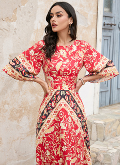 Rund hals Trekvart ermer Ferie A-line kjole Polyester Midi Motekjoler 