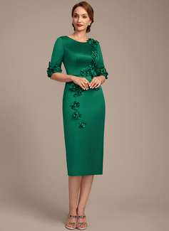 Sheath/Column Scoop Tea-Length Silky Satin Mother of the Bride Dress With Beading 3D Floral 