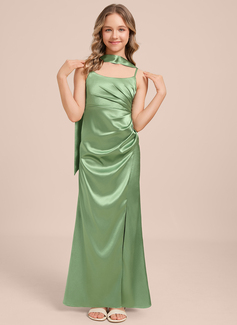 Sheath/Column Scoop Floor-Length Stretch Satin Junior Bridesmaid Dress 