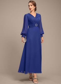 A-line V-Neck Ankle-Length Chiffon Mother of the Bride Dress With Crystal Brooch Pleated 