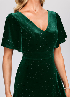 A-line V-Neck Asymmetrical Ankle-Length Velvet Cocktail Dress 