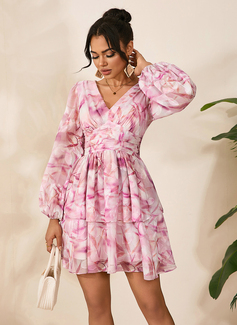 Floral Print Jacquard V-Neck Long Sleeve A-line Chiffon Mini Dress 