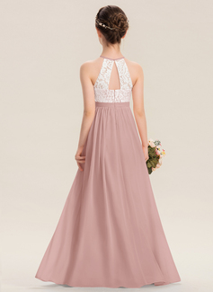 A-linja pyöreä kaula-aukko lattiaa hipova pituus sifonki kukka tyttö mekot 