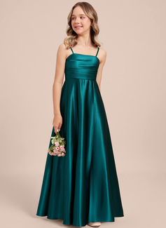 A-line Square Floor-Length Stretch Satin Junior Bridesmaid Dress 