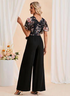 Floral Print V-Neck Short Sleeve Chiffon Crepe Maxi Jumpsuits 