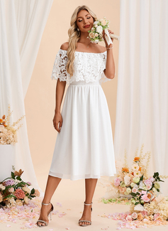 Off the Shoulder Sleeveless A-line Chiffon Lace Midi Dress 