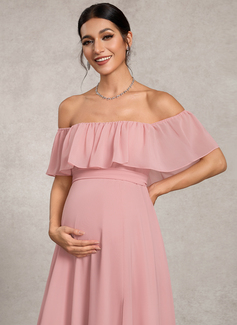 A-line Off the Shoulder Floor-Length Chiffon Maternity Dresses With Bow 