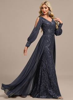 Sheath/Column V-Neck Floor-Length Detachable Lace Sequin Chiffon Evening Dress With Overskirt 