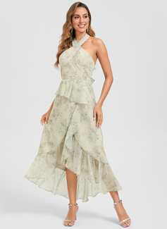 Trapèze licou asymétrique mousseline floral robe de cocktail avec à volants 