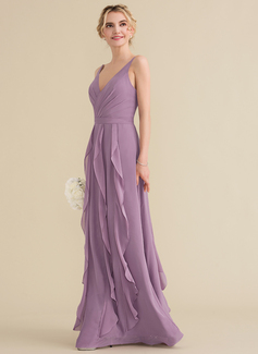 A-formet V-hals Gulvlengde Chiffong Brudepikekjole med Brusende Volanger 