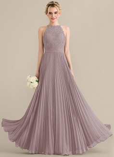 A-Linien-Kleid Rundhals Bodenlang Spitze Chiffon Ballkleid mit Plissee 