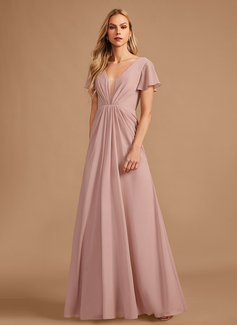 A-Line V-neck Floor-Length Chiffon Bridesmaid Dress With Ruffle 
