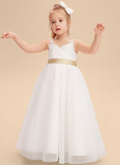 A-line kjole V-hals Gulvlengde Tyll Blonder Brudepikekjole barn med Sløyfe 