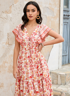 V-hals Kortermer Ferie A-line kjole Polyester Midi Motekjoler 