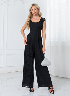 Rund-halsudskæring Hætte ærmer Blonder Maxi Jumpsuits 