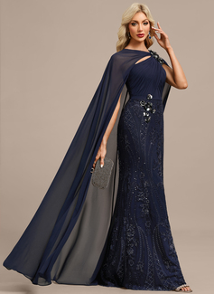 Sheath/Column Boat Neck Floor-Length Lace Chiffon Evening Dress With Cape Sequins Pleated 