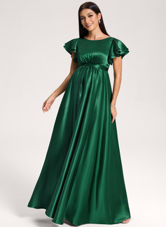 A-line Scoop Floor-Length Stretch Satin Maternity Dresses With Ruffle 