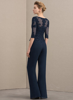 Buksedresser Separerer Scoop Illusjon Gulvlengde Chiffon Blonder Kjole til brudens mor med Profilering 