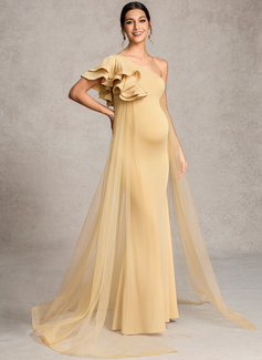 Sheath/Column One Shoulder Sweep Train Tulle Jersey Maternity Dresses With Ruffle 