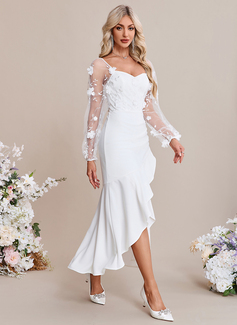 Embroidered Sweetheart Long Sleeve Trumpet/Mermaid Stretch Crepe Asymmetrical Midi Dress 