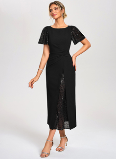 Sheath/Column Boat Neck Tea-Length Stretch Crepe Sequin Cocktail Dress 