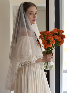 Pearl Floral Scalloped Edge Two Tier Bridal Fingertip Length 39" Wedding Veils With Blusher 