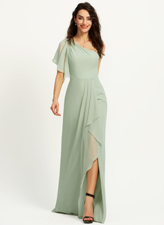 A-Line One-Shoulder Floor-Length Bridesmaid Dress With Ruffle Split Front 