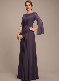 A-line Scoop Floor-Length Chiffon Mother of the Bride Dress With Pleated Sequins Appliques Lace 