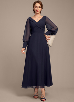 A-line V-Neck Collared Ankle-Length Chiffon Mother of the Bride Dress With Pleated 