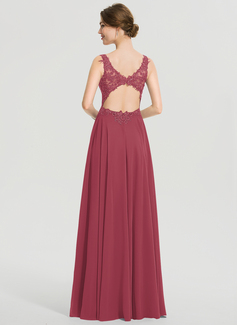 A-Linien-Kleid V-Ausschnitt Bodenlang Chiffon Spitze Ballkleid mit Perlen Pailletten 