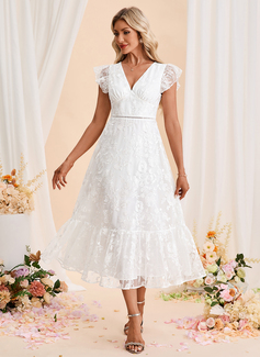 A-line V-Neck Tea-Length Tulle Wedding Dress With Embroidered 
