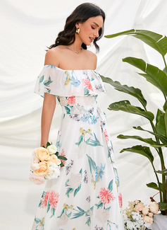 Splittet Front Bare skuldre Ermeløs Ferie A-line kjole Chiffong Midi Ankel-lengde Motekjoler 