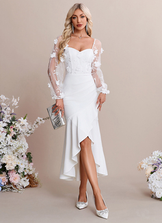 Embroidered Sweetheart Long Sleeve Trumpet/Mermaid Stretch Crepe Asymmetrical Midi Dress 