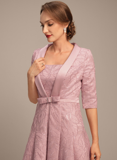 A-line Square Knee-Length Satin Lace Mother of the Bride Dress With Pleated Sequins 