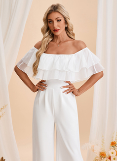 Off the Shoulder Short Sleeve Organza Stretch Crepe Maxi Jumpsuits 