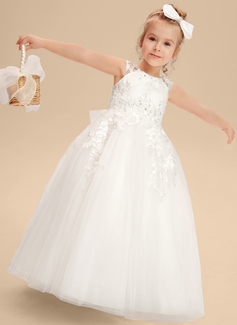 A-line kjole Scoop Gulvlengde Tyll Brudepikekjole barn med Cape paljetter 