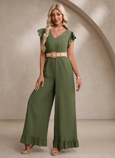Ruffle V-Neck Flutter Sleeve Crepe Maxi Jumpsuits 