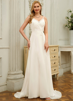 A-line kjole V-hals Sweep/Børste train Blonder Chiffon Brudekjole 