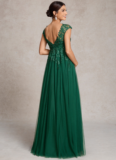 A-line V-Neck Illusion Floor-Length Tulle Lace Maternity Dresses With Sequins 