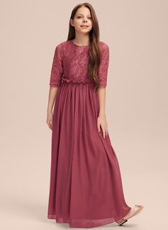 A-line kjole Scoop Gulvlengde Chiffon Brudepikekjole ungdom med Plissert 