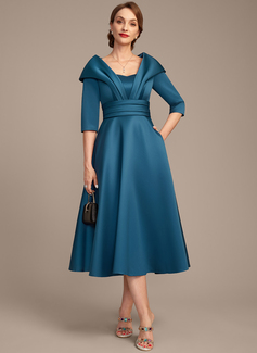 A-line Sweetheart Collared Tea-Length Satin Mother of the Bride Dress With Pleated 