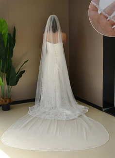 Beading Cut Edge Single Tier Tulle Bridal Cathedral Length Wedding Veils 
