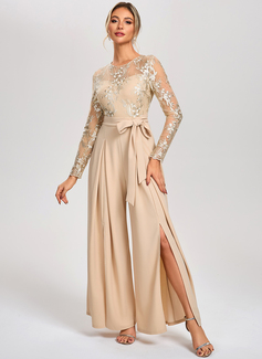 Jumpsuits Illusion Floor-Length Tulle Stretch Crepe Cocktail Dress With Embroidered 