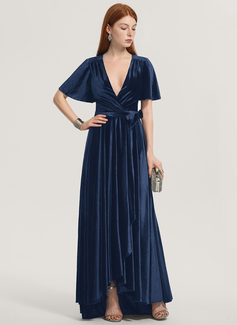 A-Linien-Kleid V-Ausschnitt Vokuhila Samt Brautjungfernkleid mit Schleife 