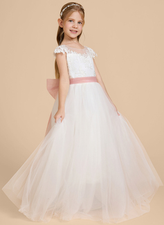 Prinzessin Rundhals Bodenlang Spitze Blumenmädchenkleid mit Cape-Ärmel Schärpe 